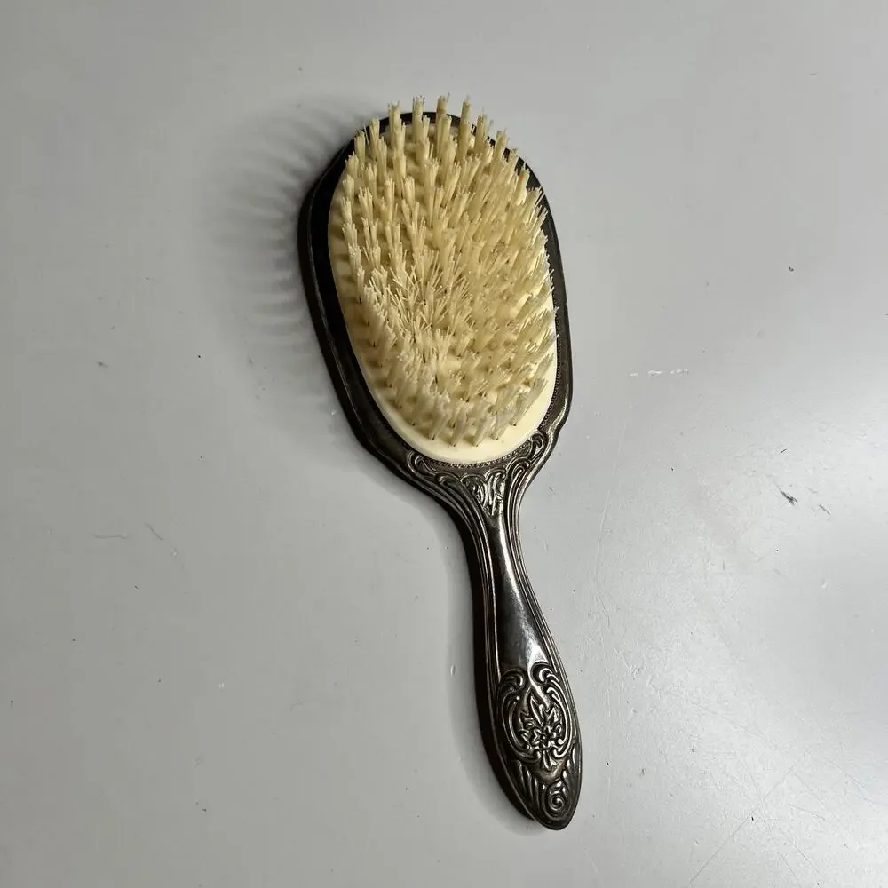 Vintage Silver Tone Hair‎ Brush Ornate Floral Handle Vanity Grooming Decor